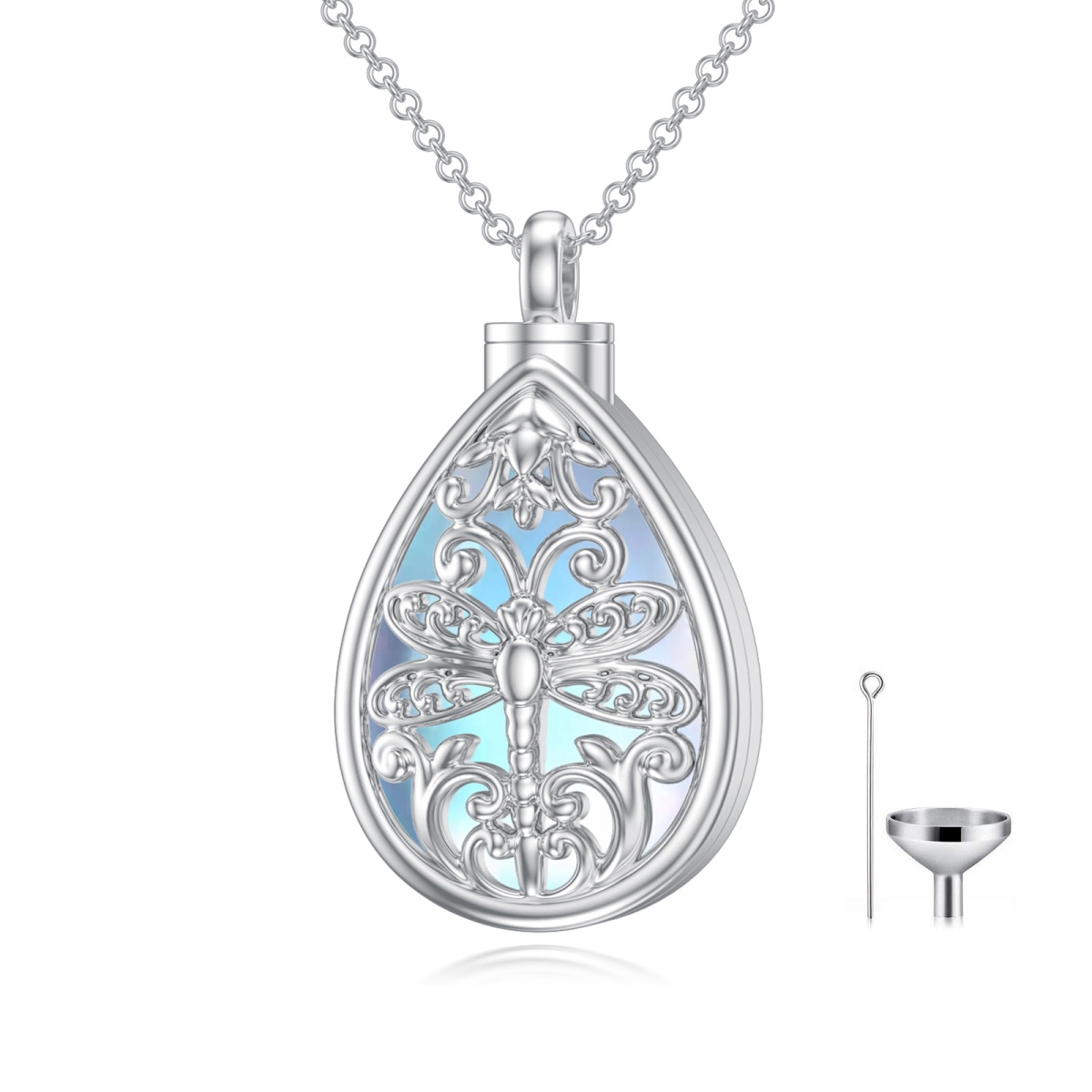 Sterling Silver Teardrop/Pear-shaped Moonstone Dragonfly Urn Necklace for Ashes-1