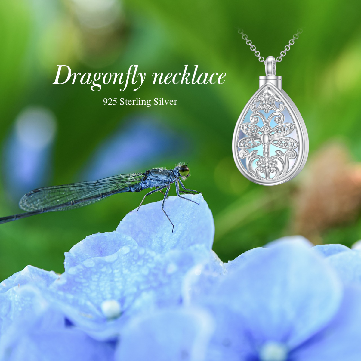 Sterling Silver Teardrop/Pear-shaped Moonstone Dragonfly Urn Necklace for Ashes-6