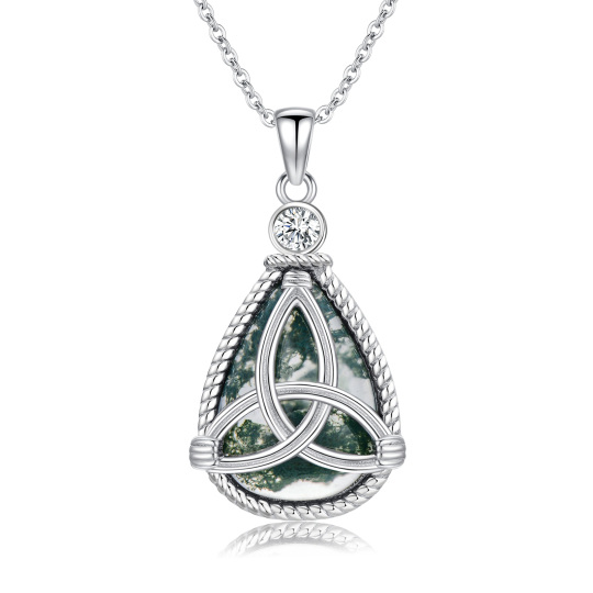Moss Agate Teardrop Necklace S925 Silver Triquetra Celtic Knot Necklace Irish Jewelry