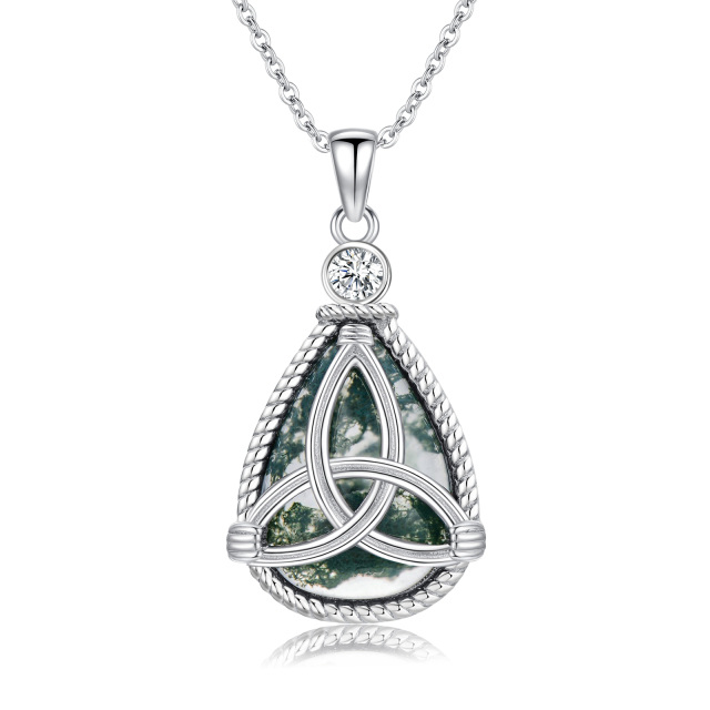 Sterling Silver Teardrop/Pear-shaped Moss Agate Celtic Knot & Drop Shape Pendant Necklace-0