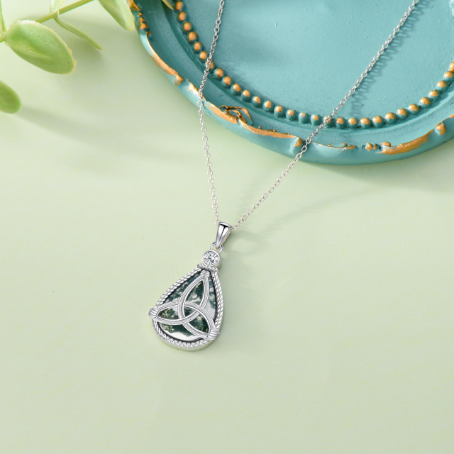 Sterling Silver Teardrop/Pear-shaped Moss Agate Celtic Knot & Drop Shape Pendant Necklace-4