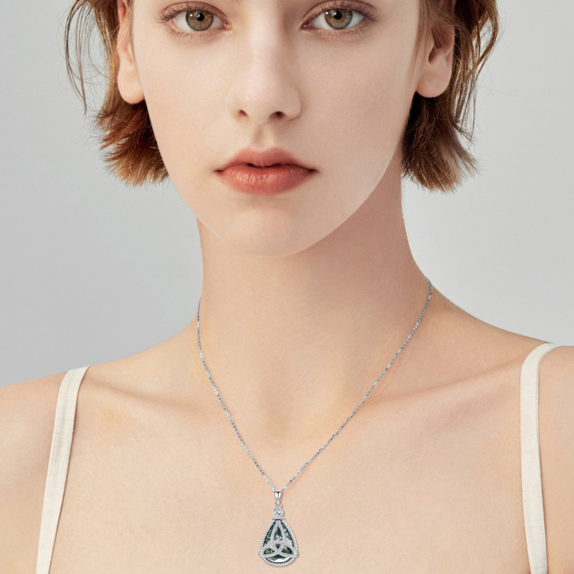 Sterling Silver Teardrop/Pear-shaped Moss Agate Celtic Knot & Drop Shape Pendant Necklace-1