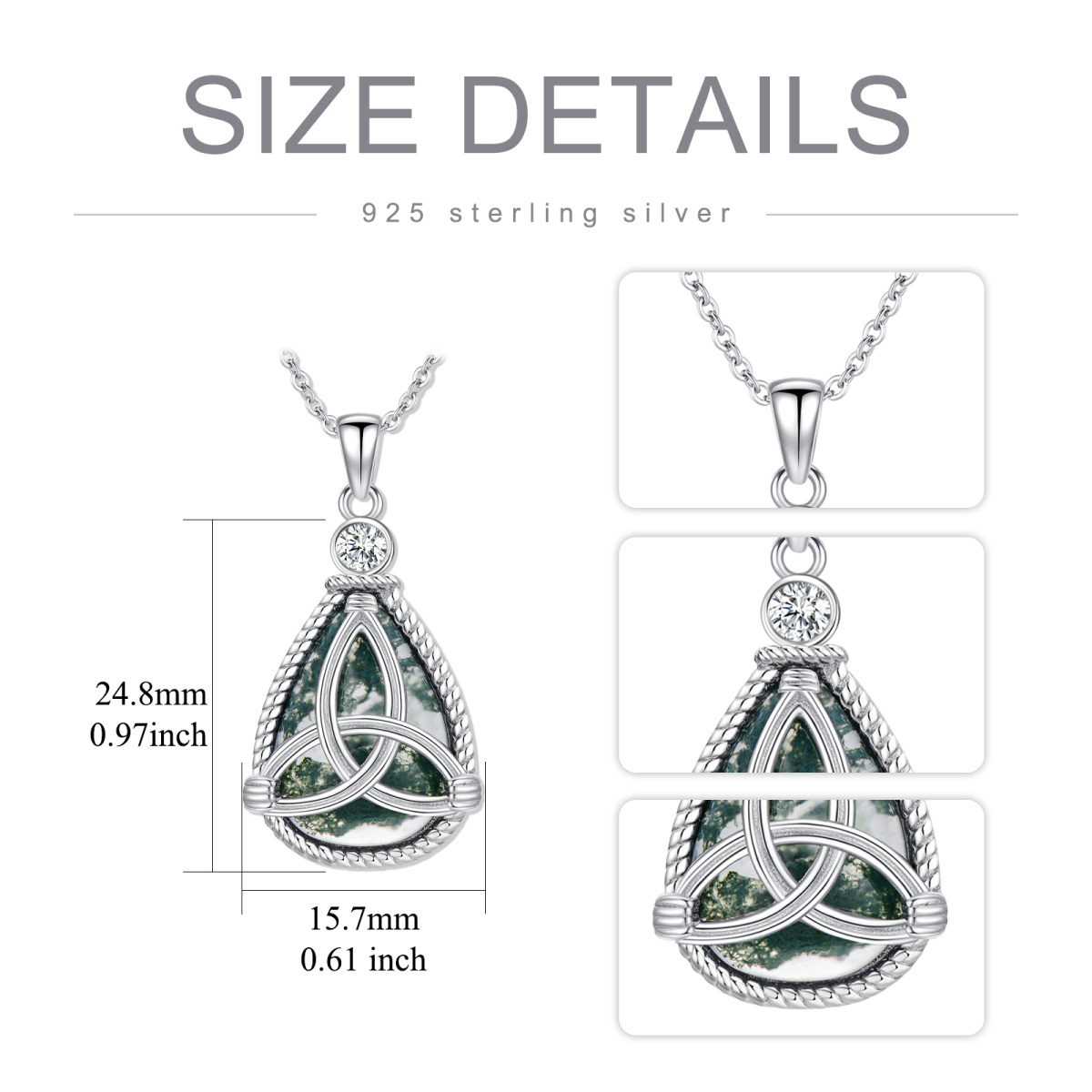 Sterling Silver Teardrop/Pear-shaped Moss Agate Celtic Knot & Drop Shape Pendant Necklace-6