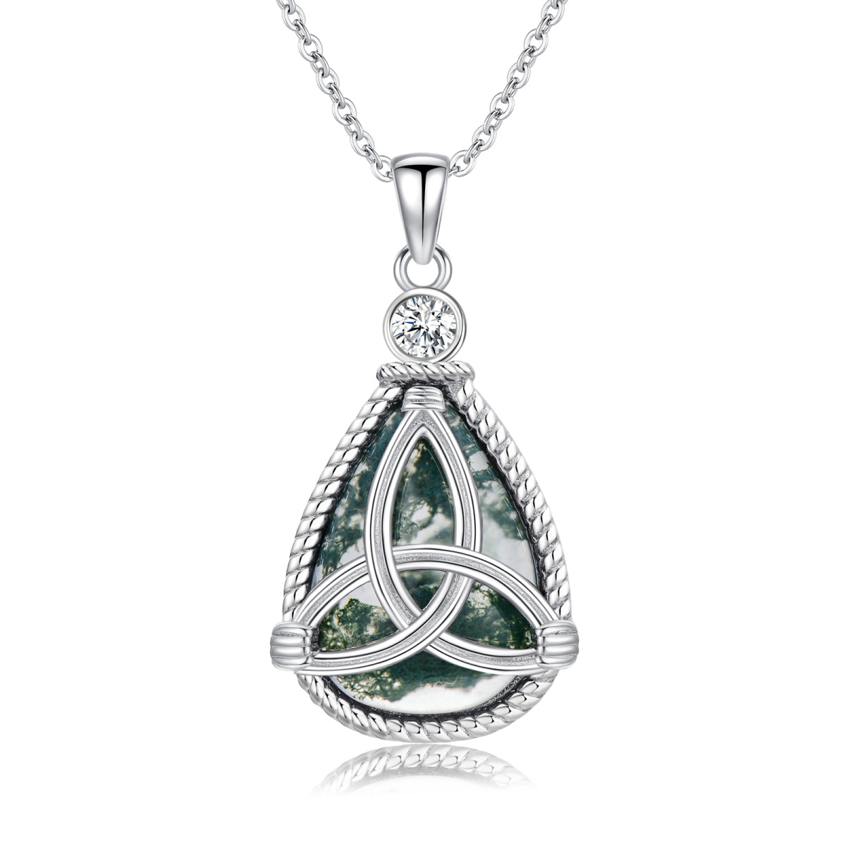 Sterling Silver Teardrop/Pear-shaped Moss Agate Celtic Knot & Drop Shape Pendant Necklace-1