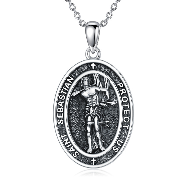 Colar de prata esterlina com pingente de São Sebastião e palavra gravada para homem-0