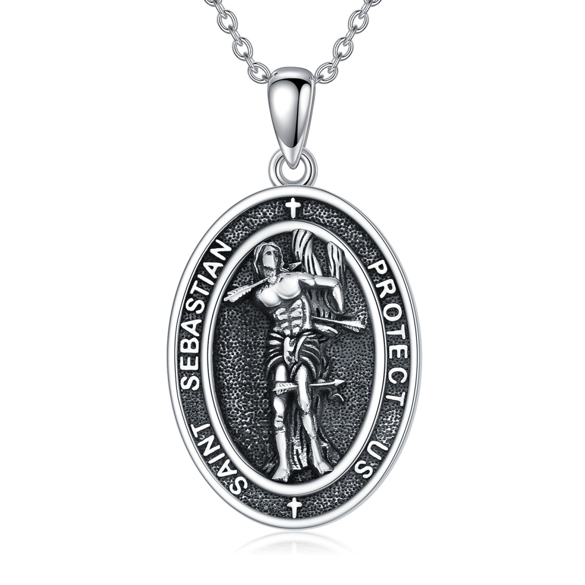 Sterling Silver San Sebastian Pendant Necklace with Engraved Word for Men-1
