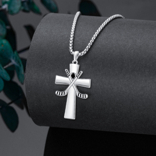 Sterling Silver Round Zircon Cross & Hockey Pendant Necklace with Engraved Word-4