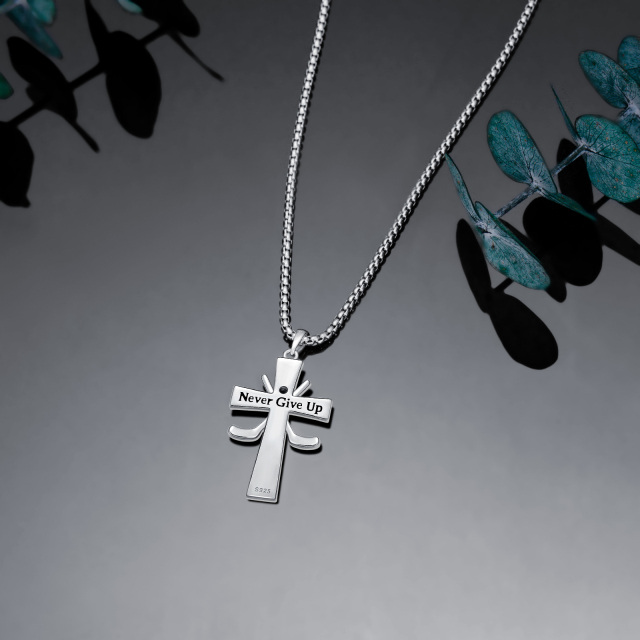 Sterling Silver Round Zircon Cross & Hockey Pendant Necklace with Engraved Word-5