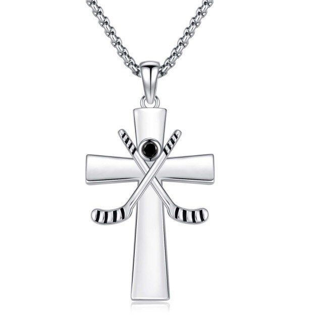 Sterling Silver Round Zircon Cross & Hockey Pendant Necklace with Engraved Word-1