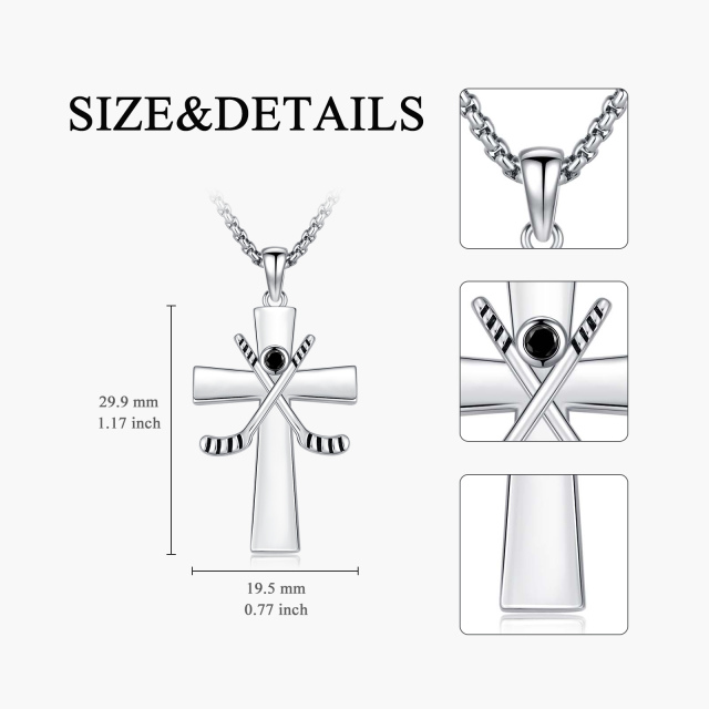 Sterling Silver Round Zircon Cross & Hockey Pendant Necklace with Engraved Word-6