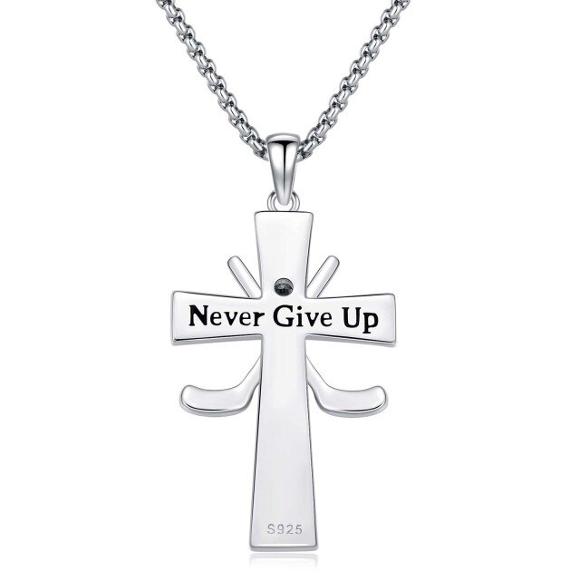 Sterling Silver Round Zircon Cross & Hockey Pendant Necklace with Engraved Word-2