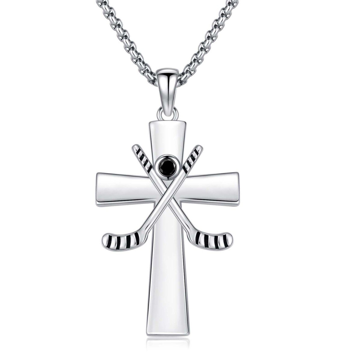 Collier en argent sterling avec croix en zircon rond et pendentif hockey avec mot gravé-1