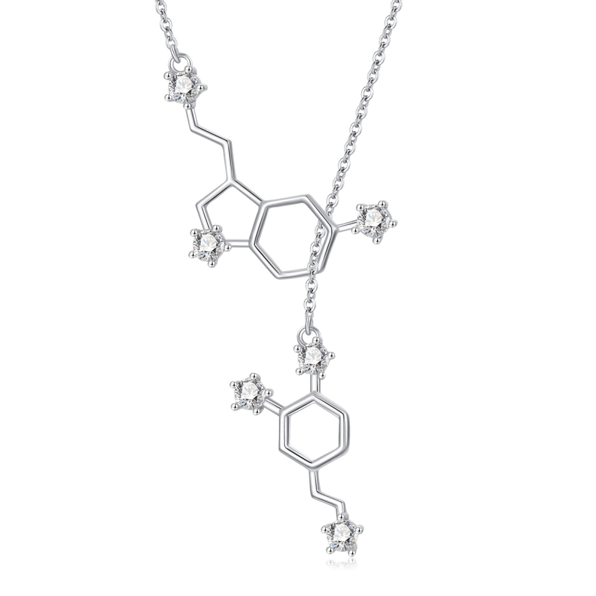 Sterling Silver Circular Shaped Cubic Zirconia Serotonin Molecule Adjustable Y Necklace-1