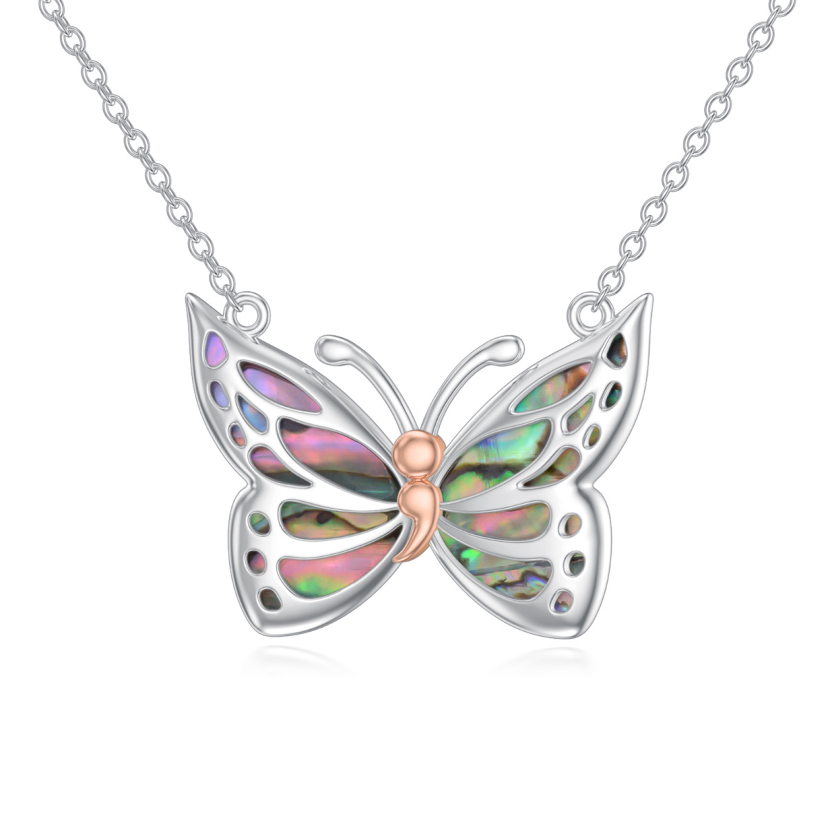 Sterling Silver Two-tone Abalone Shellfish Butterfly Pendant Necklace-1