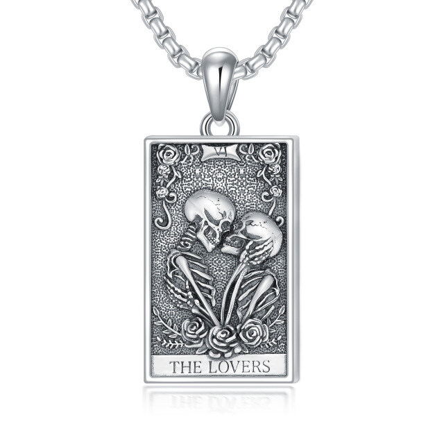 Sterling Silver Rose & Skull Pendant Necklace with Engraved Word-0