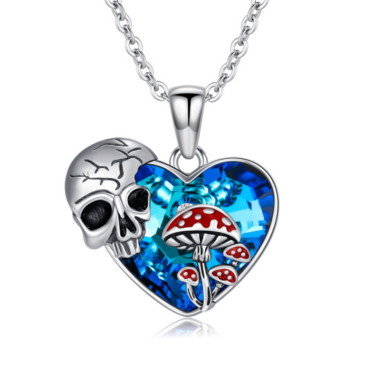 Sterling Silver Mushroom Skull Heart Crystal Pendant Necklace