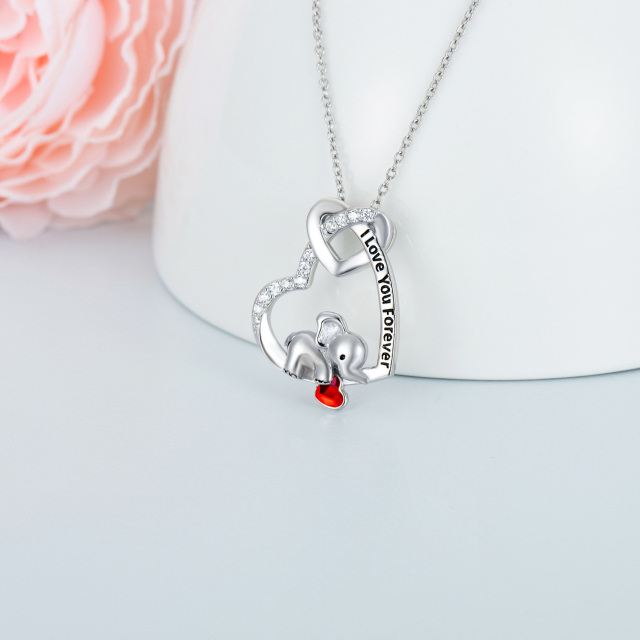 Sterling Silver Heart Shaped Crystal Elephant & Heart Pendant Necklace with Engraved Word-2