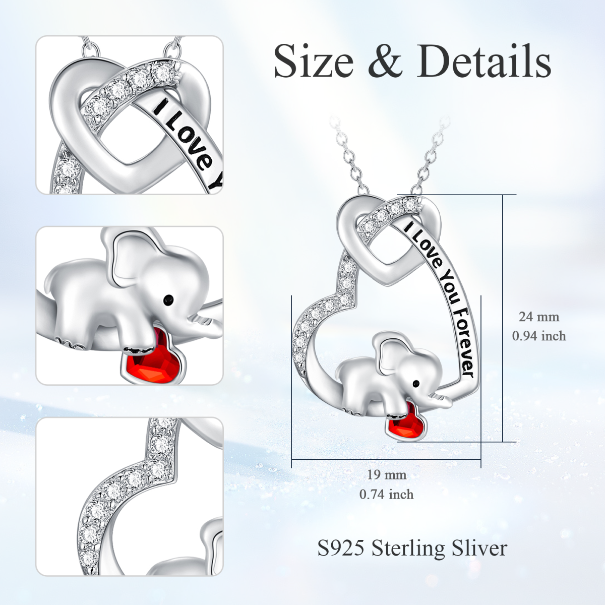 Sterling Silver Heart Shaped Crystal Elephant & Heart Pendant Necklace with Engraved Word-5