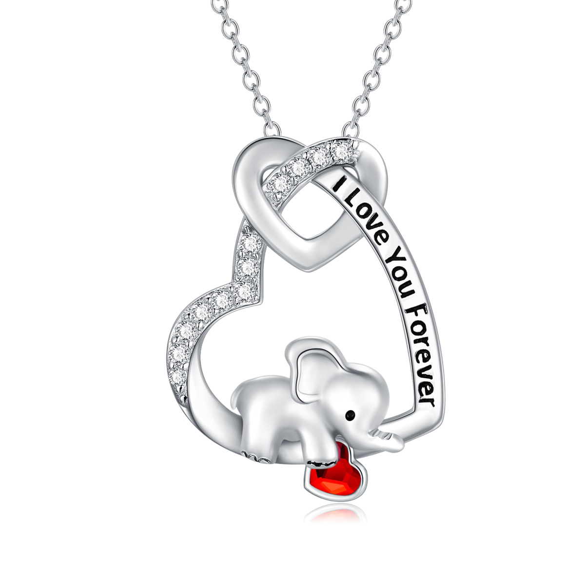 Sterling Silver Heart Shaped Crystal Elephant & Heart Pendant Necklace with Engraved Word-1