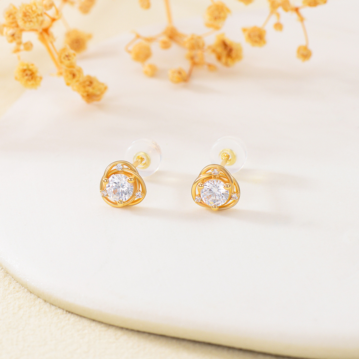 14K Gold Circular Shaped Cubic Zirconia Round Stud Earrings-4