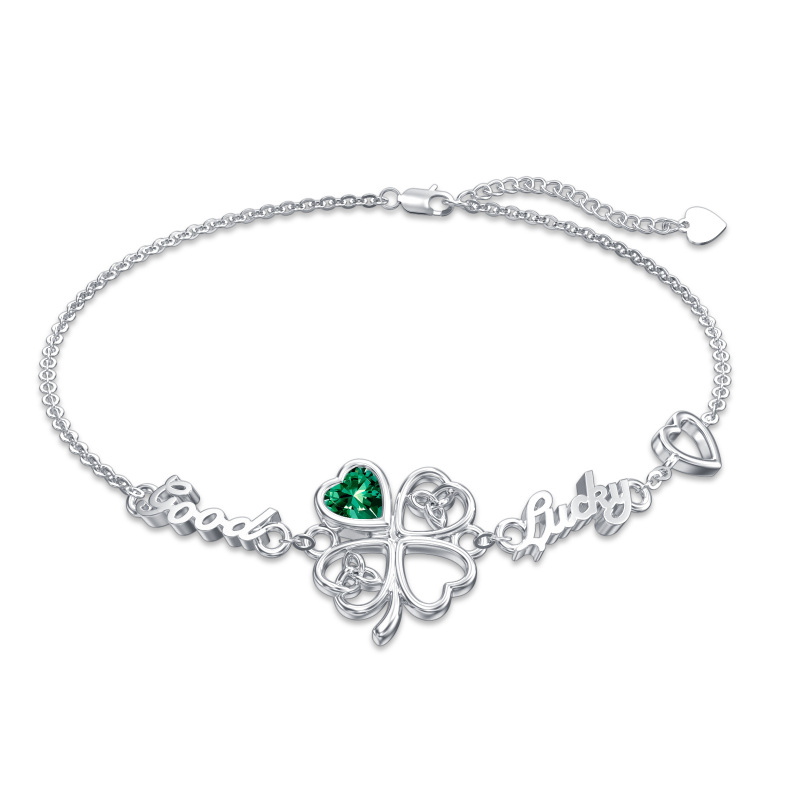 Sterling Silver Heart Shaped Cubic Zirconia Four Leaf Clover & Celtic Knot & Heart Pendant Bracelet with Engraved Word