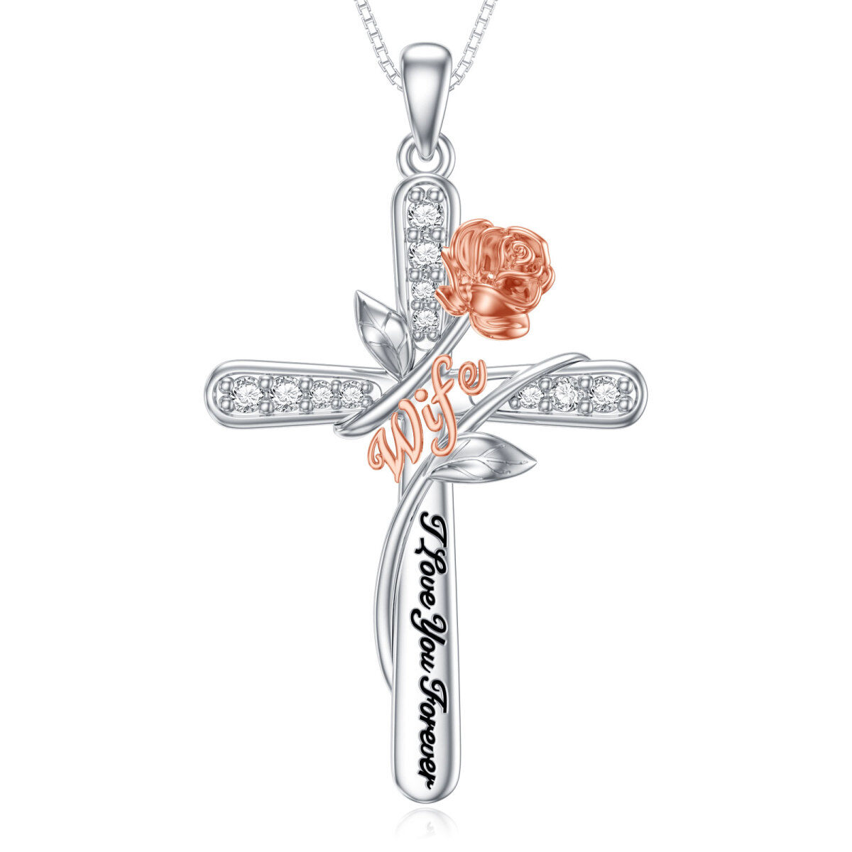 Sterling Silver Two-tone Circular Shaped Cubic Zirconia Rose & Cross Pendant Necklace with Engraved Word-1