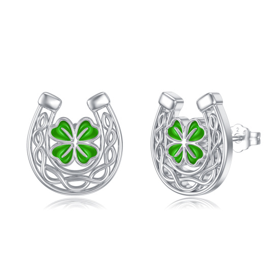 Sterling Silver Four Leaf Clover & Horseshoe Stud Earrings