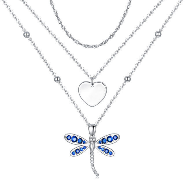 Sterling Silver Sapphire Crystal Dragonfly & Heart Layered Necklace-1