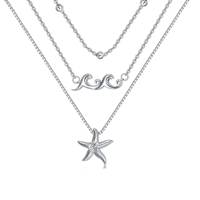 Sterling Silver Circular Shaped Cubic Zirconia Starfish & Spray Layered Necklace-2