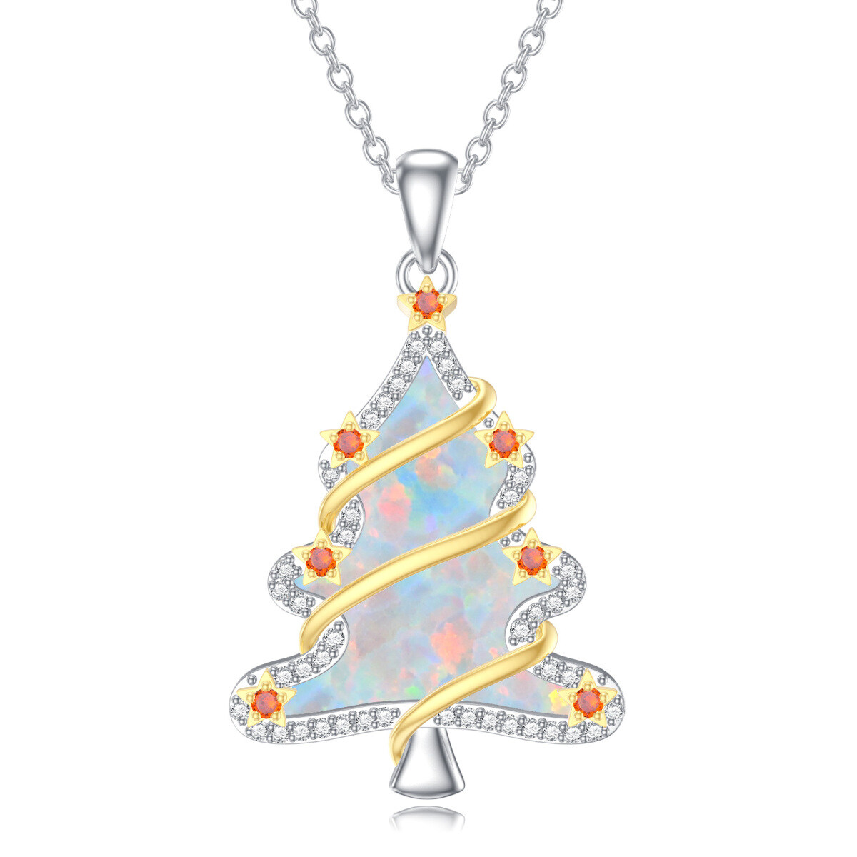 Sterling Silver Two-tone Circular Shaped Cubic Zirconia & Opal Christmas Tree Pendant Necklace-1