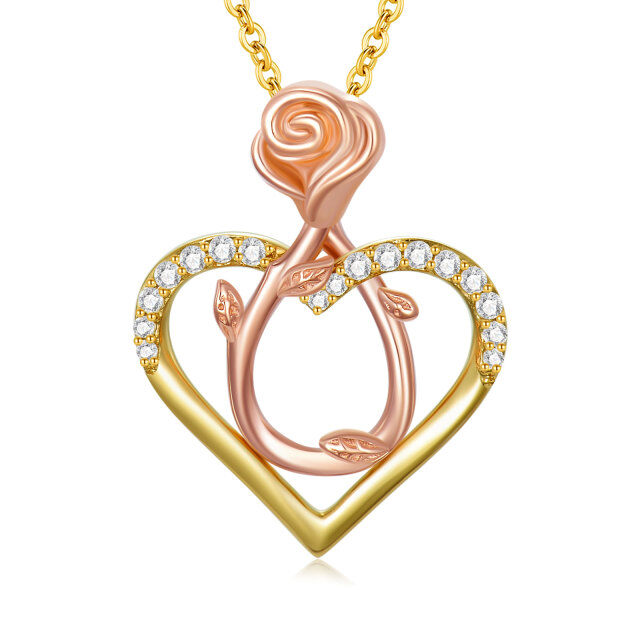 14K Two-tone Circular Cubic Zirconia Rose & Heart Pendant Necklace-1