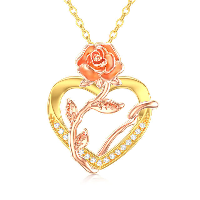 14K Yellow Gold Circular Cubic Zirconia Rose & Heart Pendant Necklace-2