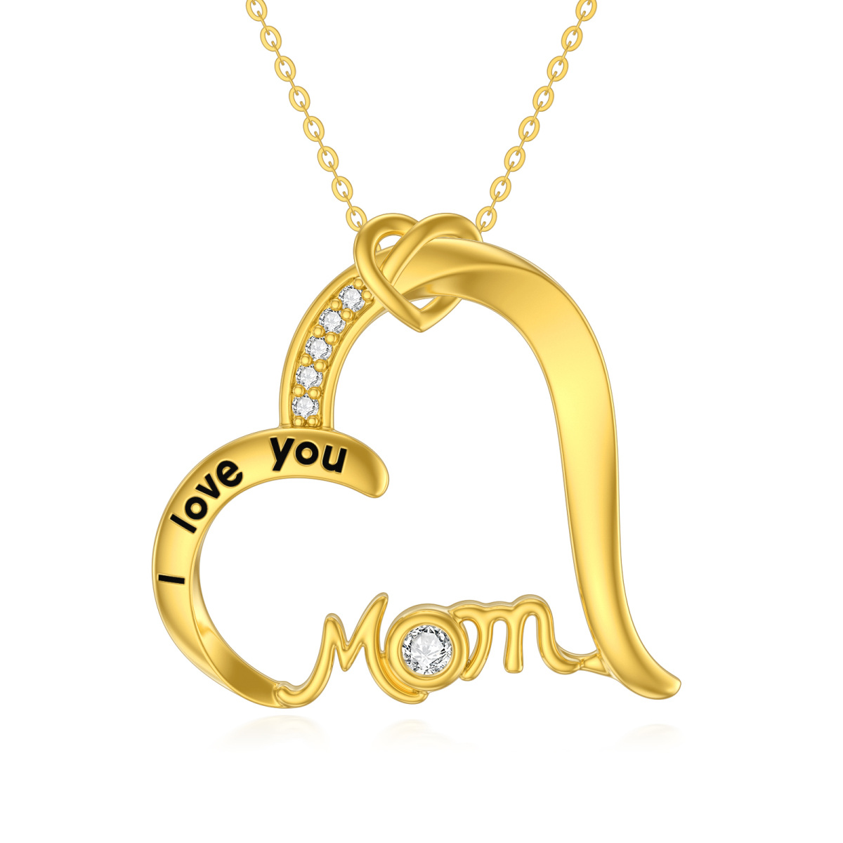 14K Gold kreisförmig Cubic Zirkonia Herz Anhänger Halskette mit eingraviertem Wort-1