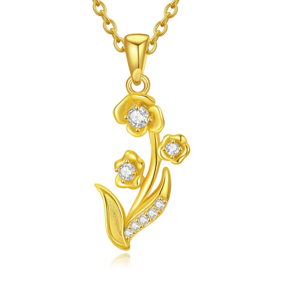 14K Gold Circular Shaped Cubic Zirconia Lily Pendant Necklace-1