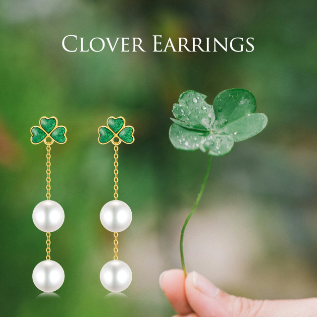 14K Gold Pearl Shamrock Drop Earrings-5