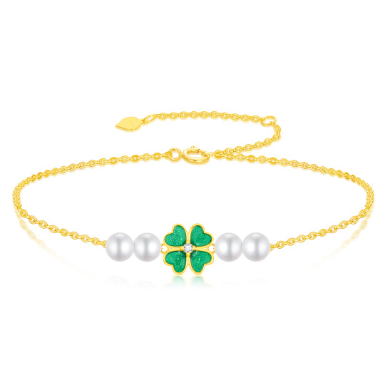 14K Gold Pearl Four Leaf Clover Pendant Bracelet