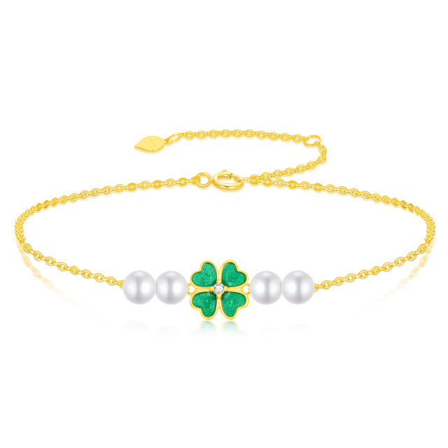 14K Gold Pearl Four Leaf Clover Pendant Bracelet-1