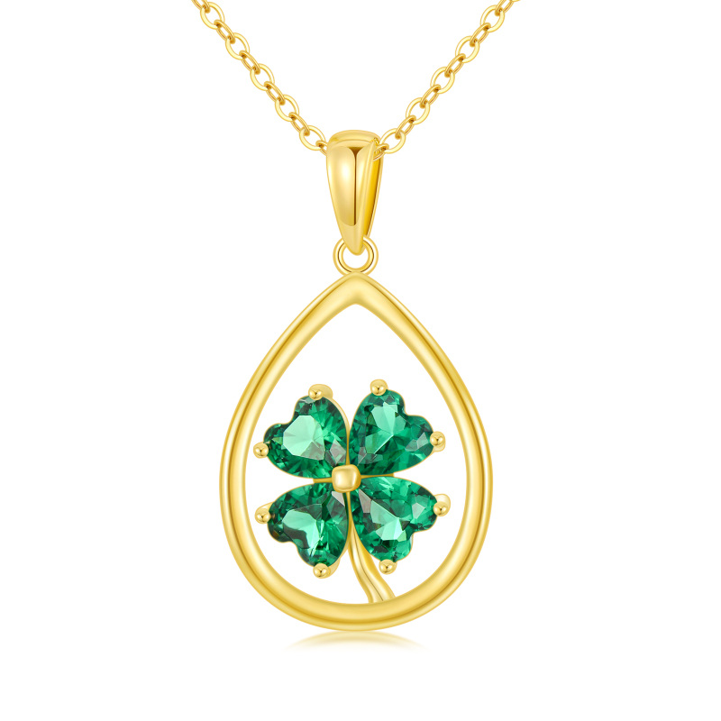 14K Gold Cubic Zirconia Four Leaf Clover & Drop Shape Pendant Necklace