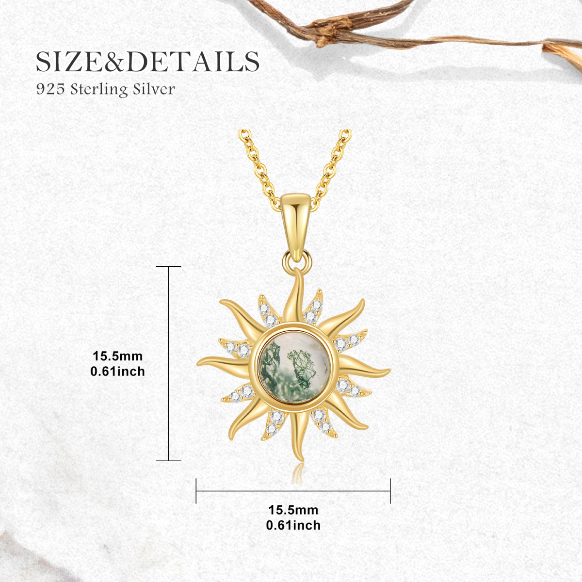 Collier pendentif soleil en agate mousse moissanite de forme circulaire en or 14 carats-5