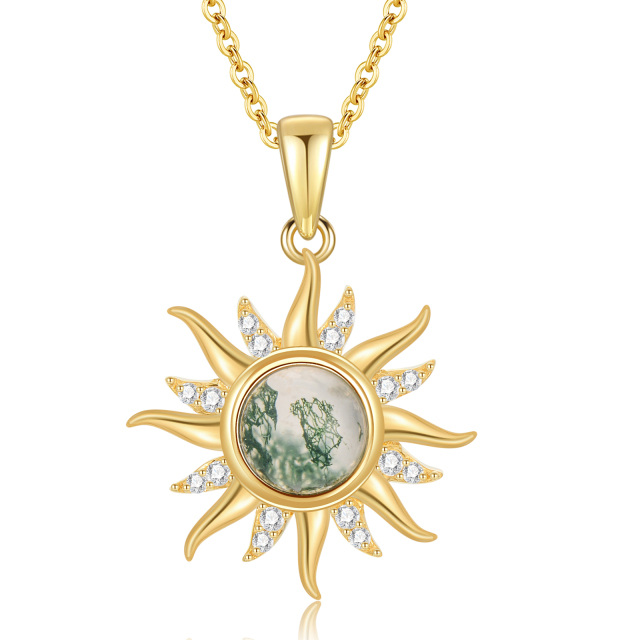 14K Gold Circular Shaped Moissanite & Moss Agate Sun Pendant Necklace-1