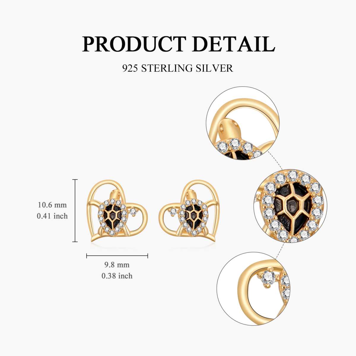 14K Gold Circular Shaped Cubic Zirconia Sea Turtle Stud Earrings-5