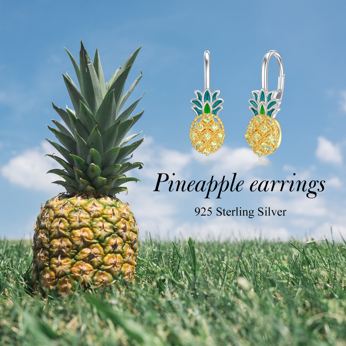 Sterling Silver Two-tone Cubic Zirconia Pineapple Lever-back Earrings-6