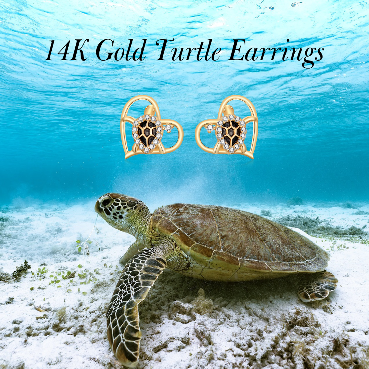 14K Gold Circular Shaped Cubic Zirconia Sea Turtle Stud Earrings-6