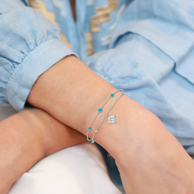 Sterling Silver Circular Shaped & Princess-square Shaped Moissanite & Turquoise Bead & Square Layerered Bracelet-2