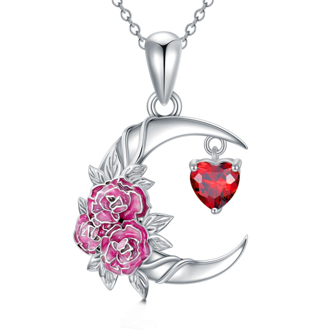 Sterling Silver Two-tone Cubic Zirconia Birth Flower & Carnation & Moon Pendant Necklace-1