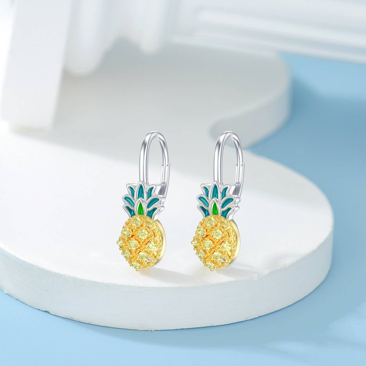 Sterling Silver Two-tone Cubic Zirconia Pineapple Lever-back Earrings-3