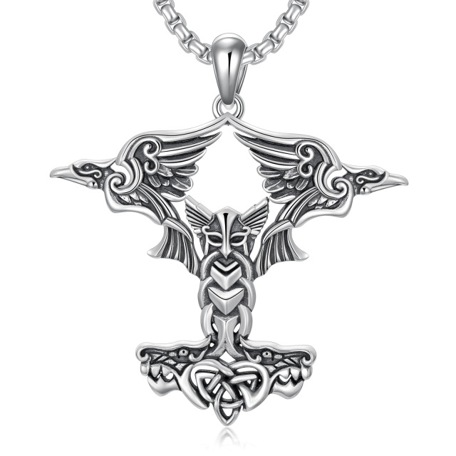 Collana del martello di Thor S925 Ciondolo di Odino Mjolnir Collana di corvo Gioielli vichinghi Regali di lupo-1