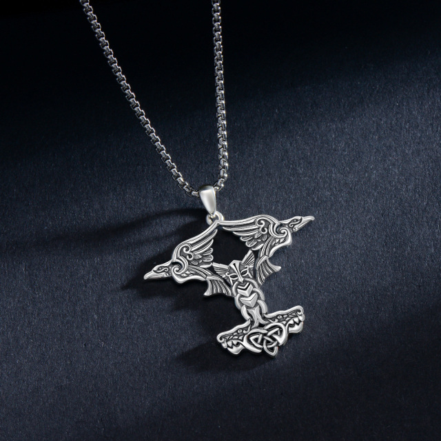 Collier marteau Thors S925 Odin Mjolnir, pendentif corbeau, bijoux Viking, cadeaux de loup-5