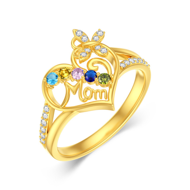 10K Gold Personalized Engraving Butterfly & Heart Birthstone Ring with Engraved Word-2