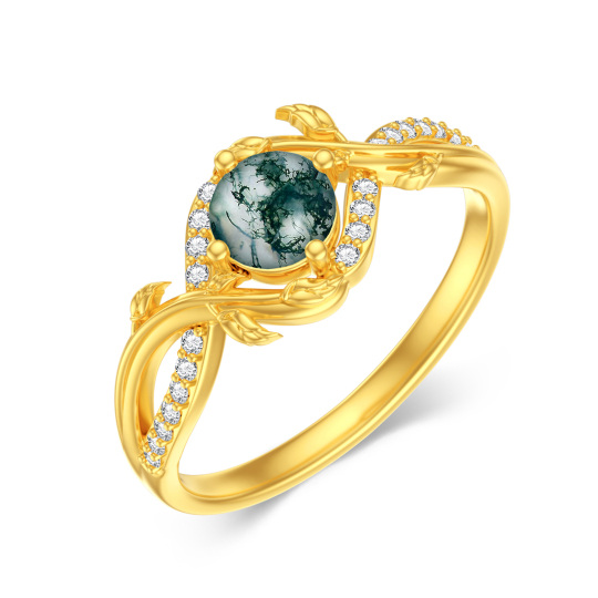 10K Gold Circular Shaped Moss Agate Personalized Engraving Ring